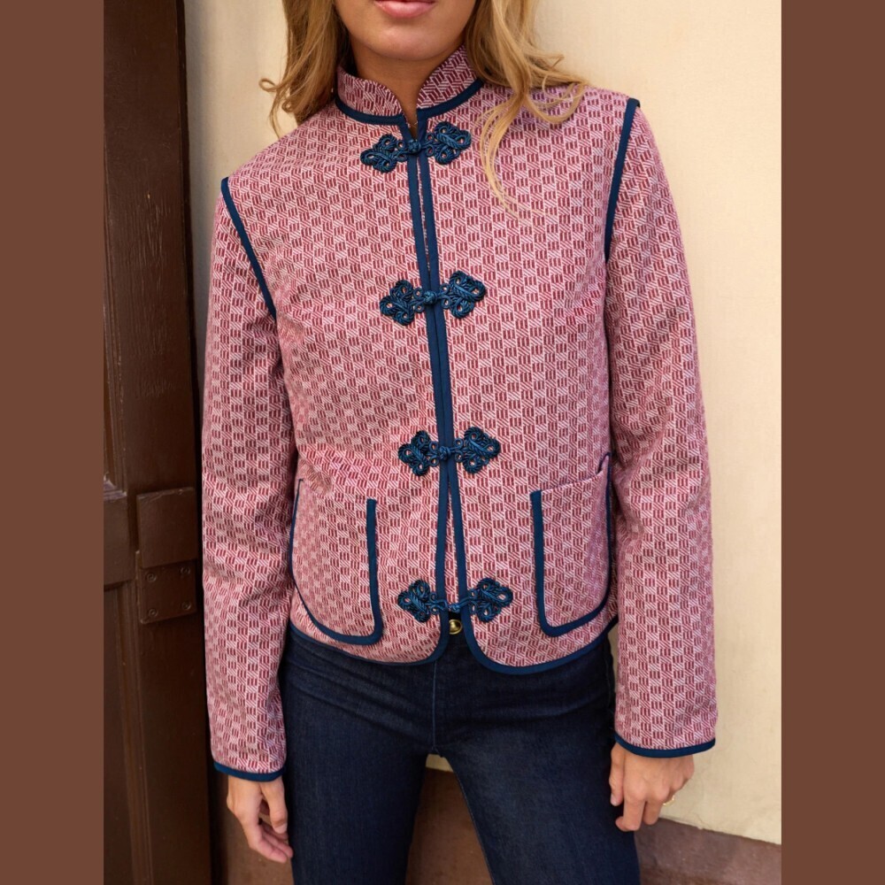 Pink Geometric Woven Frog Closure Mandarin Collar Jacket w/ Navy Trims